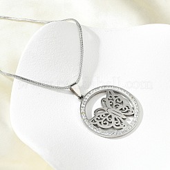 201 Stainless Steel Crystal Rhinestone Ring with Hollow Butterfly Pendant Necklaces for Women&nbsp;NJEW-P327-01P