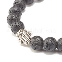 Natural Lava Rock Round Beaded Stretch Bracelet with Hamsa Hand&nbsp;BJEW-JB07693