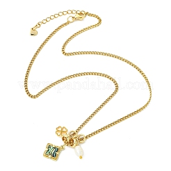 Brass Natural Paua Shell & Pearl Pendant 304 Stainless Steel Curb Chain Necklaces for Women&nbsp;NJEW-JN06258-03