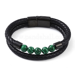 Mixed Stone Round Bead Leather Cord Multi-strand Bracelets&nbsp;BJEW-A009-10EB