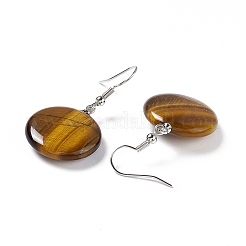 Natural Tiger Eye Flat Round Dangle Earrings&nbsp;EJEW-D188-03P-07