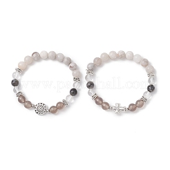 2Pcs Round Natural Quartz Crystal & Grey Agate & Larvikite & White Crazy Lace Agate Beads Stretch Bracelets&nbsp;BJEW-JB13000
