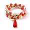Multi-layered Stretch Beaded Bracelets Sets, Stackable Bracelets, with Acrylic Beads, Natural Pearl Beads, Glass Beads, Non-magnetic Synthetic Hematite Beads, Polymer Clay Heishi Beads, CCB Plastic Beads and Cotton Tassels, Red, Inner Diameter: 2-1/8 inch(5.5cm), 3pcs/set