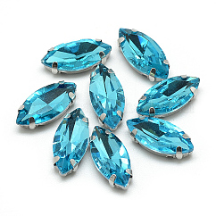 Sew on Rhinestone, Multi-strand Links, Glass Rhinestone, with Platinum Tone Brass Prong Settings, Garments Accessories, Faceted, Horse Eye, Deep Sky Blue, 12x6x4.5mm, Hole: 0.8~1mm