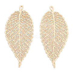Rack Plating Brass Filigree Big Pendants, Long-Lasting Plated, Leaf Charm, Nickel Free, Light Gold, 55.5x24x0.4mm, Hole: 1.4mm
