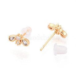 Bees Brass Micro Pave Clear Cubic Zirconia Stud Earrings&nbsp;EJEW-T047-43G