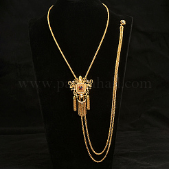 Vintage Gothic Style Brass Pave Cubic Zirconia Flower Long Tassel Lariat Necklace Brooch for Women&nbsp;GO0016-2