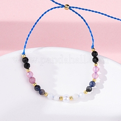 Faceted Round Natural Black Agate & Sodalite & Rose Quartz & Quartz Crystal Braided Bead Bracelets&nbsp;BJEW-F493-09G-02