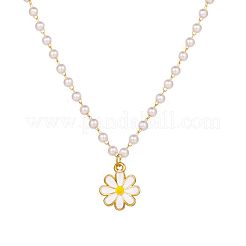 Alloy Enamel White Flower Pendant Plastic Imitation Pearl Bead Chain Necklaces for Women&nbsp;FS-WG23DA9-01
