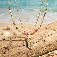 Boho Colorful Glass Seed Beaded Double Layer Necklaces with Stainless Steel Religion Saint Benedict Medal Pendant&nbsp;OL9548-1