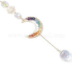 Chakra Natural Gemstone Chips & Brass Moon Hanging Suncatchers&nbsp;HJEW-JM04625
