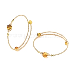 Round Natural Amber Herringbone Wire-Wrapped Cuff Bangles&nbsp;BJEW-JB14498