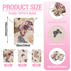 15Pcs 3 Styles Butterfly Printed Polycotton(Polyester Cotton) Packing Pouches Drawstring Bags&nbsp;ABAG-TA0002-14