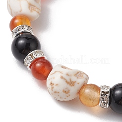 Halloween Skull Synthetic Turquoise & Natural Red Agate & Black Onyx Beaded Stretch Bracelets&nbsp;BJEW-TA00485