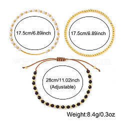 3Pcs 3 Styles Round Adjustable Natural Garnet & Brass Beads Braided Bead Bracelets&nbsp;SF2347-2
