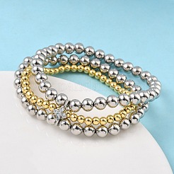Brass Micro Pave Cubic Zirconia Round Beaded Multi-Strand Bracelets for Women&nbsp;BJEW-B148-02B-PG