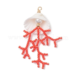 3Pcs Glass Seed Beaded & Clam Shell Big Pendants&nbsp;PALLOY-MZ01152