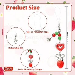 2Pcs Acrylic Heart & Resin Strawberry & Alloy Bowknot & Glass Bead Mobile Straps&nbsp;HJEW-YW00323