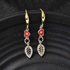 Leaf with Heart Brass Micro Pave Clear Cubic Zirconia Dangle Earrings&nbsp;EJEW-C155-01G