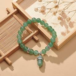 Natural Green Aventurine Round Beaded Stretch Bracelet with Bullet Charms&nbsp;BJEW-JB09018-02