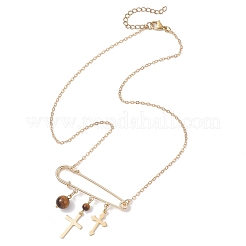201 Stainless Steel Satety Pin with Round Natural Tiger Eye Pendant Brass Cable Chain Necklaces for Women&nbsp;NJEW-TA00214