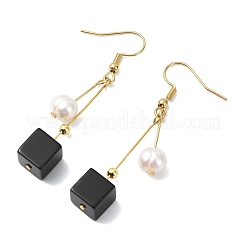 Natural Banded Agate(Dyed & Heated) & 304 Stainless Steel and Natural Cultured Freshwater Pearl Dangle Earrings&nbsp;EJEW-JE07108