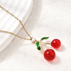 Brass Enamel & Resin Red Cherry Pendant 304 Stainless Steel Cable Chain Necklaces for Women&nbsp;NJEW-H092-01G