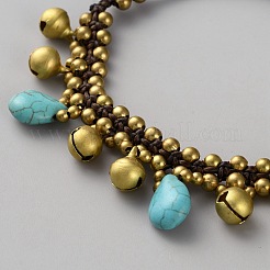 Bohemian Styles Brass Bell & Synthetic Turquoise Teardrop Tassel Anklets&nbsp;AJEW-WH0070-50B