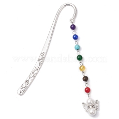 Chakra Natural Tiger Eye & Malaysia Jade & Synthetic Citrine & Turquoise Beaded & Shell Pearls Angel Pendant Bookmark&nbsp;AJEW-JK00346