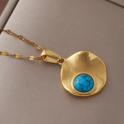 Vintage Style 304 Stainless Steel and Synthetic Turquoise Textured Disc Pendant Necklaces for Women&nbsp;JC9668