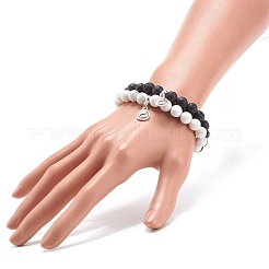 2Pcs 2 Style Natural Lava Rock & Howlite Round Beaded Stretch Bracelets Set with Alloy Yin Yang Charms&nbsp;BJEW-JB08457