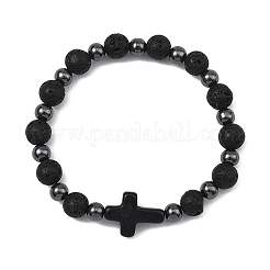 Natural Lava Rock & Synthetic Turquoise & Non-magnetic Hematite Cross & Round Beaded Stretch Bracelets for Women Men&nbsp;BJEW-JB13930
