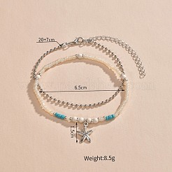 1Pc Starfish Alloy Charm Glass Seed Beaded Stretch Anklets and 1Pc Alloy Ball Chain Anklets&nbsp;FS-WGED47C-01