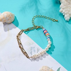 Natural Pearl & Polymer Clay Beaded Bracelet with 304 Stainless Steel Paperclip Chains for Women&nbsp;BJEW-JB08844