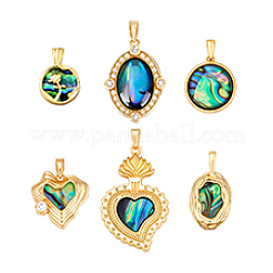 6Pcs 6 Styles Brass Pave Natural Paua Shell Pendants&nbsp;KK-PH0013-84