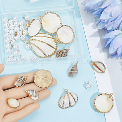12Pcs 6 Styles Electroplate Sea Shell Pendants & 30Pcs ABS Plastic Imitation Pearl Charms Findings Kits&nbsp;SSHEL-BBC0001-06