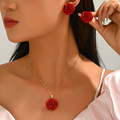 Elegant Iron Resin Rose Flower Stud Earrings & Pendant Necklaces Sets for Women&nbsp;ZC5626