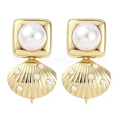 Brass Square with Shell Shape Dangle Stud Earrings&nbsp;EJEW-H165-01B-G