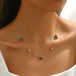 Stainless Steel Pave Clear Cubic Zircon Column & Imitation Shell Black Heart Link Chain Necklaces for Women&nbsp;HU5072