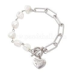 Electroplated Shell Pearl Beads & 304 Stainless Steel Paperclip Chains Beaded Bracelets for Women&nbsp;BJEW-JB12892
