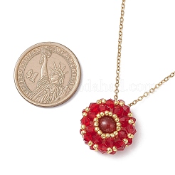 Natural Carnelian(Dyed & Heated) & Glass Seed Beaded Flat Round Pendant 304 Stainless Steel Cable Chain Necklaces&nbsp;NJEW-MZ00129-07