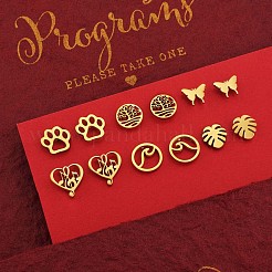 6 Pairs 6 Style Butterfly & Leaf & Tree of Life & Cat Claw Print & Music Note & Wave 316 Surgical Stainless Steel Stud Earrings for Women&nbsp;JE932A