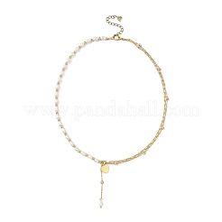 Natural Cultured Freshwater Pearl Rice Beaded Brass Satellite Chain Double Layer Necklaces&nbsp;NJEW-JN05689