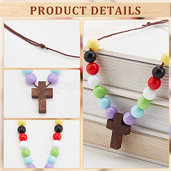 Wood Cross with Acrylic Beaded Pendant Necklaces for Women&nbsp;NJEW-AB00011