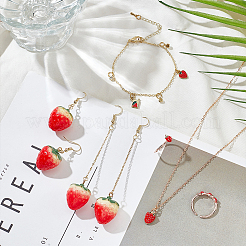 Strawberry Brass Enamel Pendant Necklace & Dangle Earrings & Open Cuff Ring & Charm Bracelet Jewelry Sets&nbsp;SJEW-AN0001-35