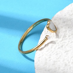 304 Stainless Steel & Natural Shell & Imitation Pearl Cuff Rings for Women&nbsp;RJEW-G372-01G-01