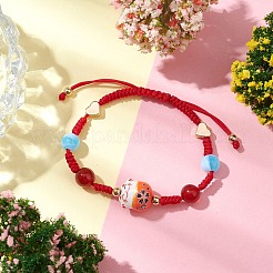 Fortune Cat Handmade Porcelain & Natural Carnelian & Acrylic Braided Bead Bracelets&nbsp;BJEW-JB10504