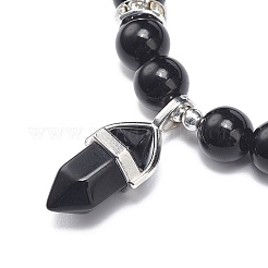 Natural Obsidian Round Beaded Stretch Bracelet with Bullet Charms&nbsp;BJEW-JB09018-05