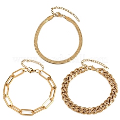 3Pcs 3 Styles 304 Stainless Steel Chain Bracelet Set&nbsp;BJEW-F505-01G