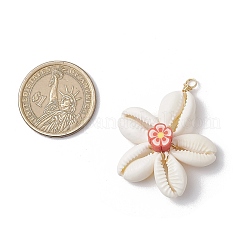 Natural Cowrie Shell & Handmade Polymer Clay Flower Pendants&nbsp;PALLOY-JF03843